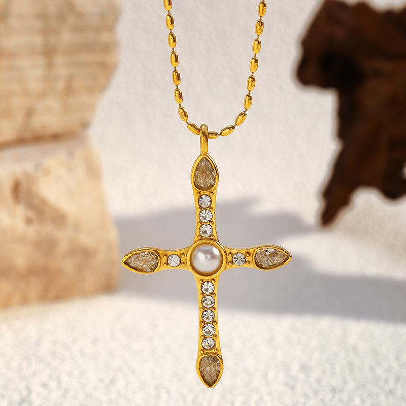 Wholesale vintage titanium steel electroplated 18K gold stainless steel cross necklace